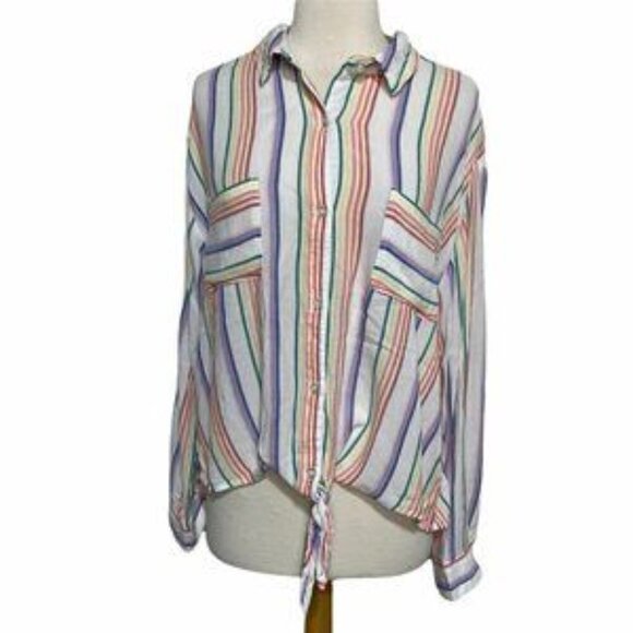 SO Button Down Tie Front Top White Rainbow Stripes - Picture 1 of 11